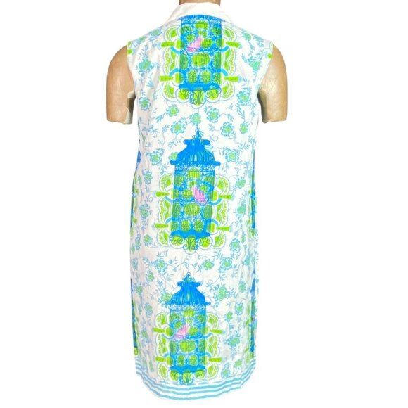 Vintage 60s Mod Birdcage Print Button Up Sleeveless Shift Dress #204L - Picture 4 of 7